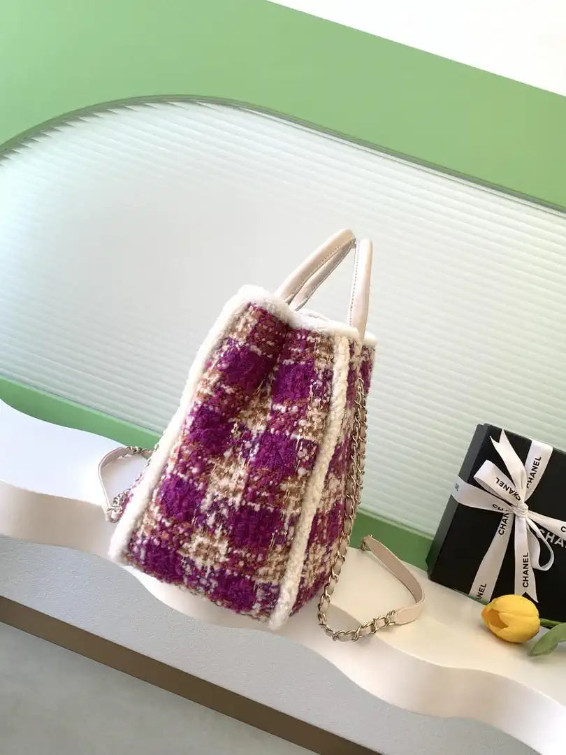 Chanel AS5689 25N Shopping Bag Tweed Shearling Lambskin Purple£¦ Brown