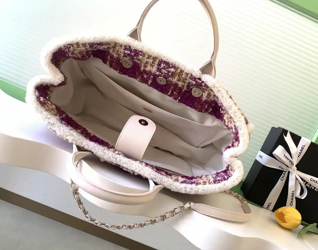 Chanel AS5689 25N Shopping Bag Tweed Shearling Lambskin Purple£¦ Brown