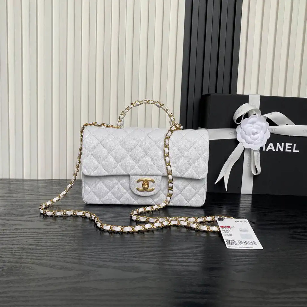 Chanel AS5702 Small Flap Bag with Top Handle Grained Shiny calfskin gold White