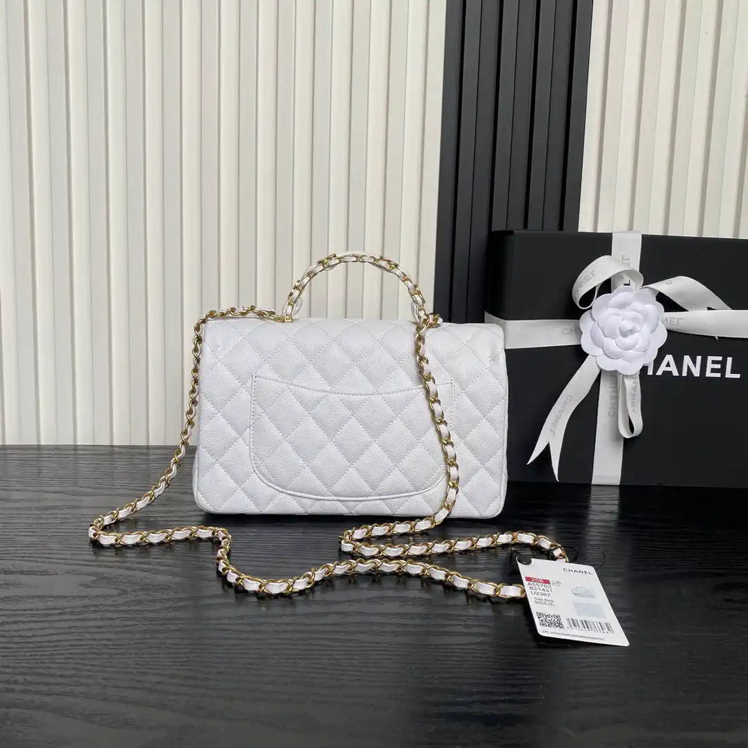 Chanel AS5702 Small Flap Bag with Top Handle Grained Shiny calfskin gold White