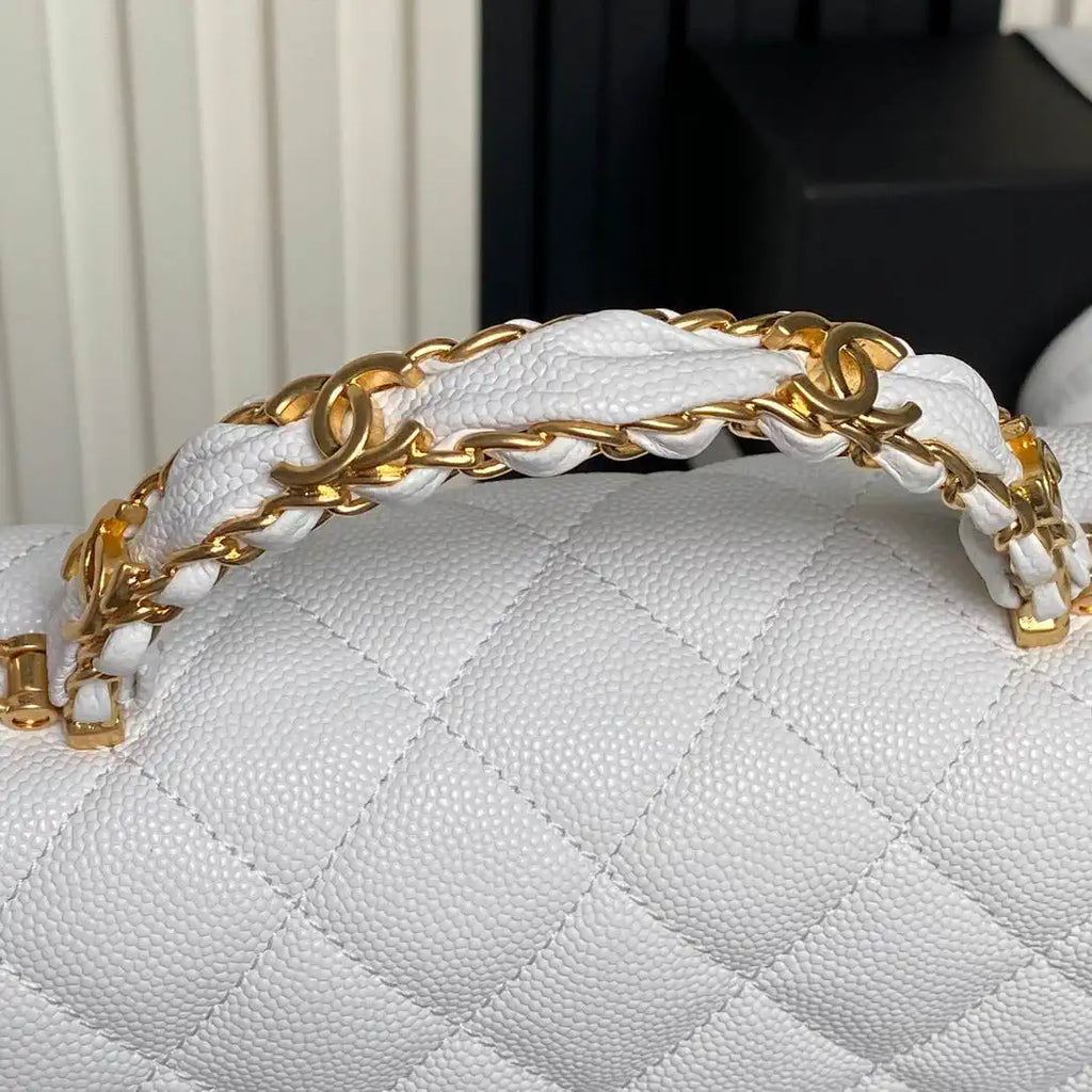 Chanel AS5702 Small Flap Bag with Top Handle Grained Shiny calfskin gold White