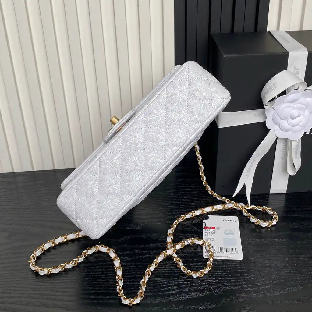 Chanel AS5702 Small Flap Bag with Top Handle Grained Shiny calfskin gold White