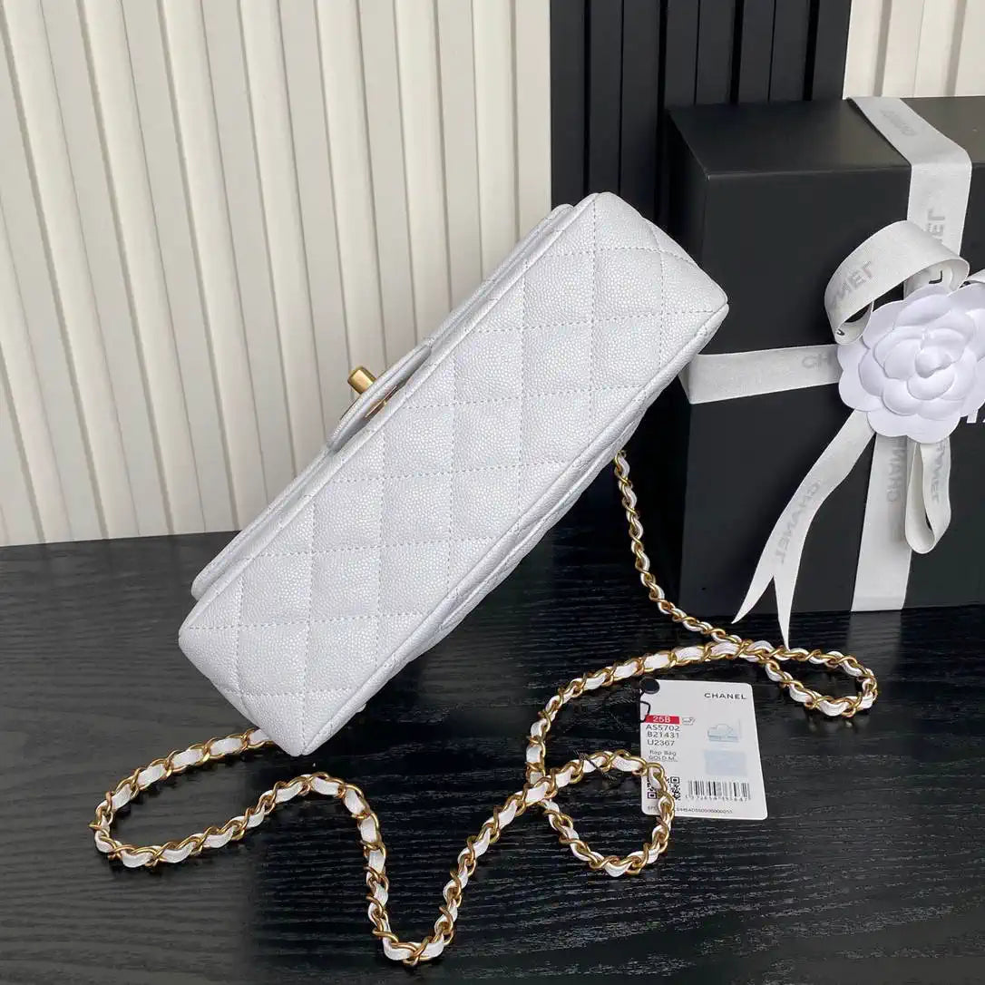 Chanel AS5702 Small Flap Bag with Top Handle Grained Shiny calfskin gold White