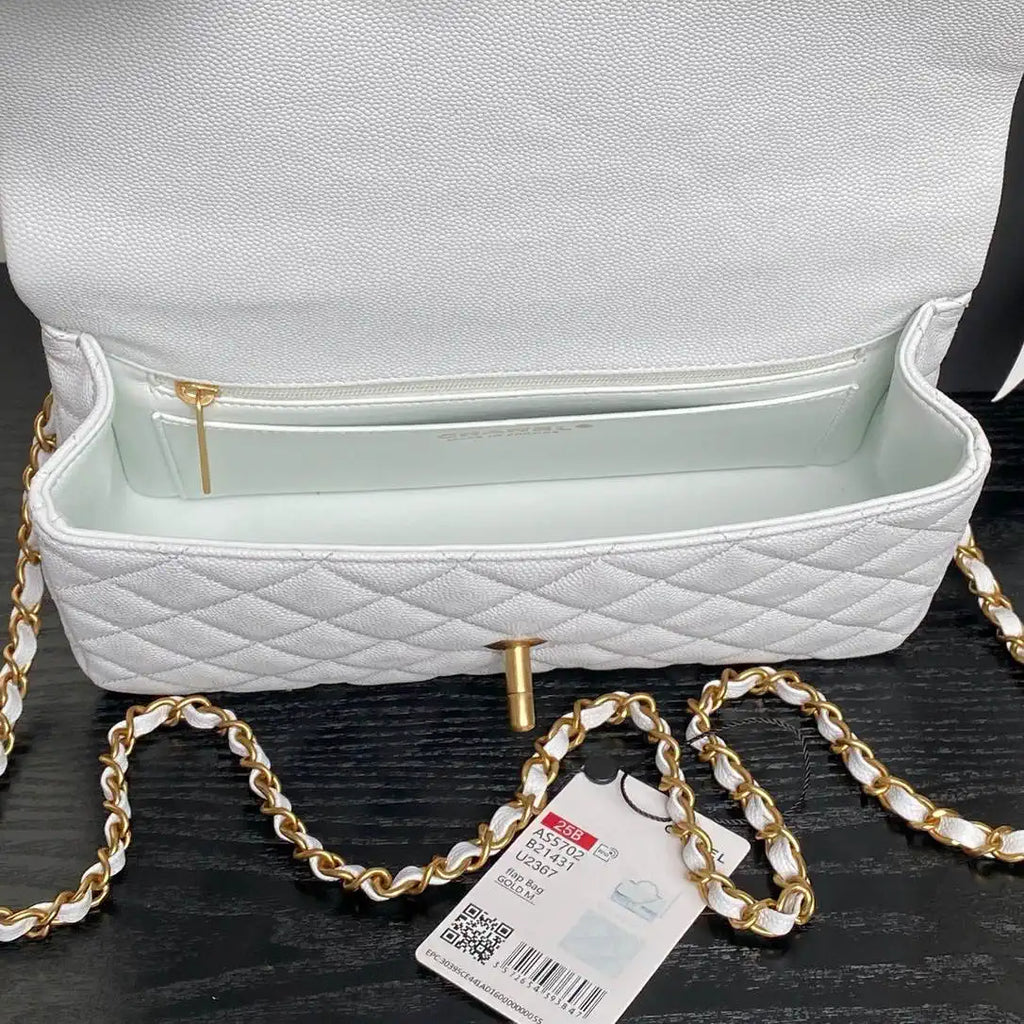 Chanel AS5702 Small Flap Bag with Top Handle Grained Shiny calfskin gold White