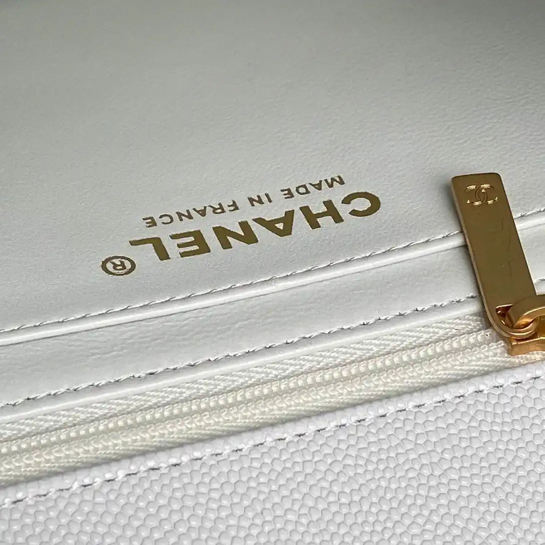 Chanel AS5702 Small Flap Bag with Top Handle Grained Shiny calfskin gold White