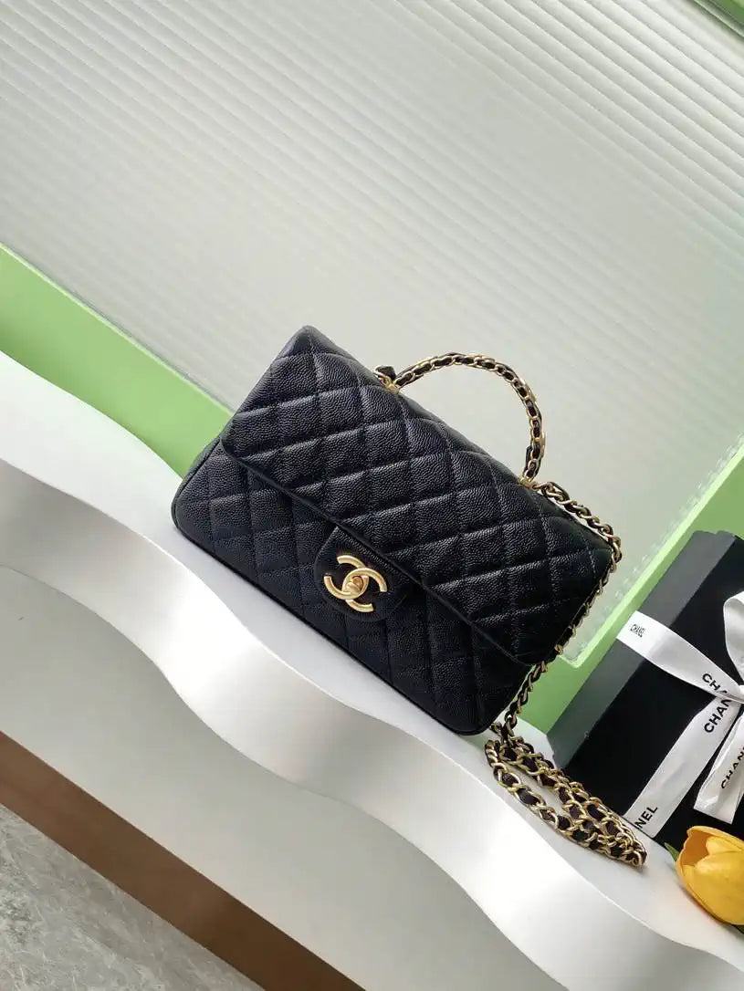 Chanel AS5702 Small Flap Bag with Top Handle Grained Shiny calfskin gold Black