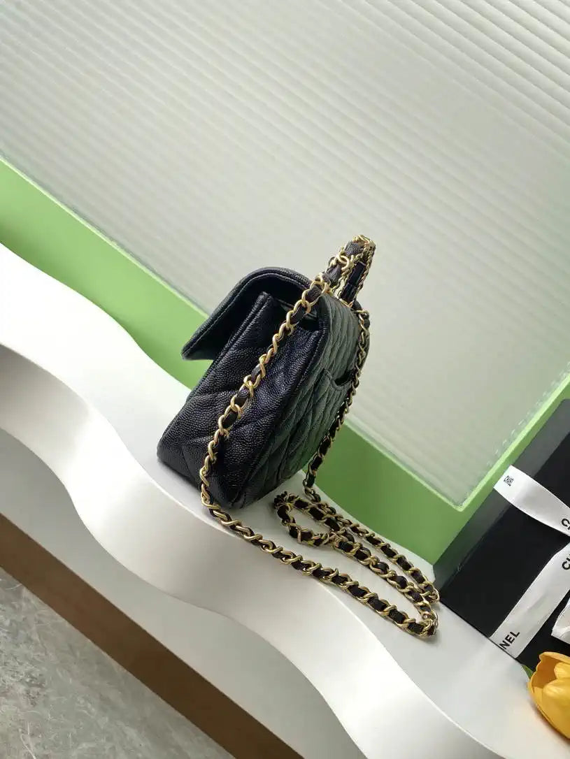 Chanel AS5702 Small Flap Bag with Top Handle Grained Shiny calfskin gold Black