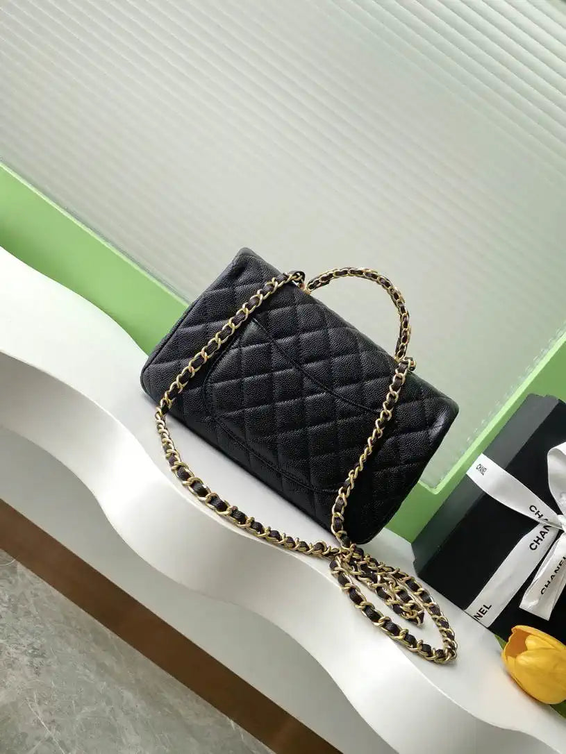 Chanel AS5702 Small Flap Bag with Top Handle Grained Shiny calfskin gold Black