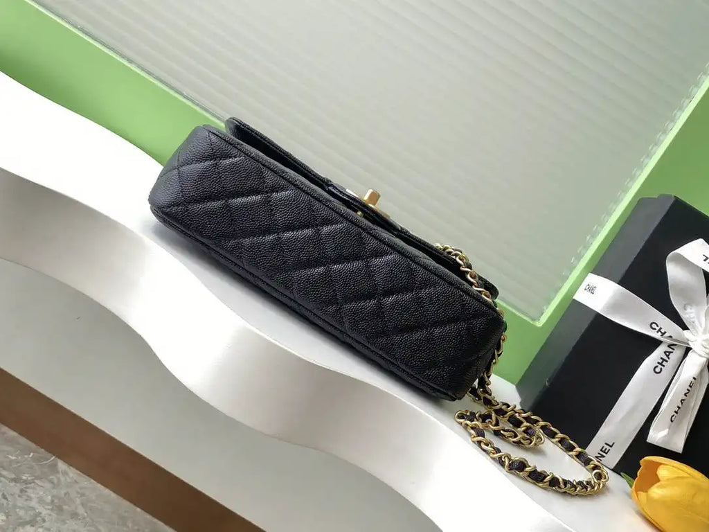 Chanel AS5702 Small Flap Bag with Top Handle Grained Shiny calfskin gold Black