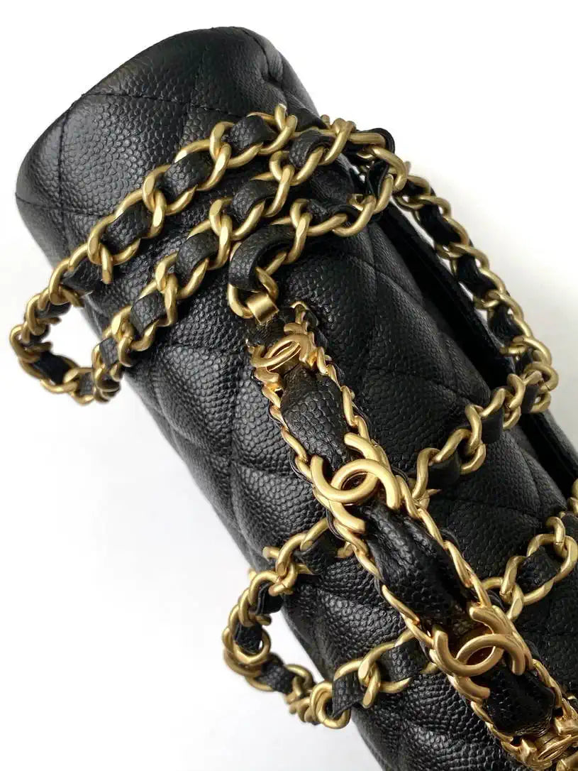 Chanel AS5702 Small Flap Bag with Top Handle Grained Shiny calfskin gold Black