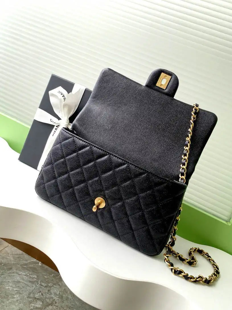 Chanel AS5702 Small Flap Bag with Top Handle Grained Shiny calfskin gold Black