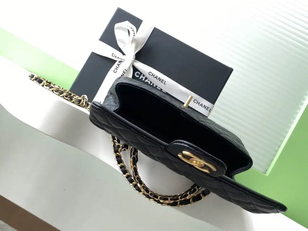 Chanel AS5702 Small Flap Bag with Top Handle Grained Shiny calfskin gold Black