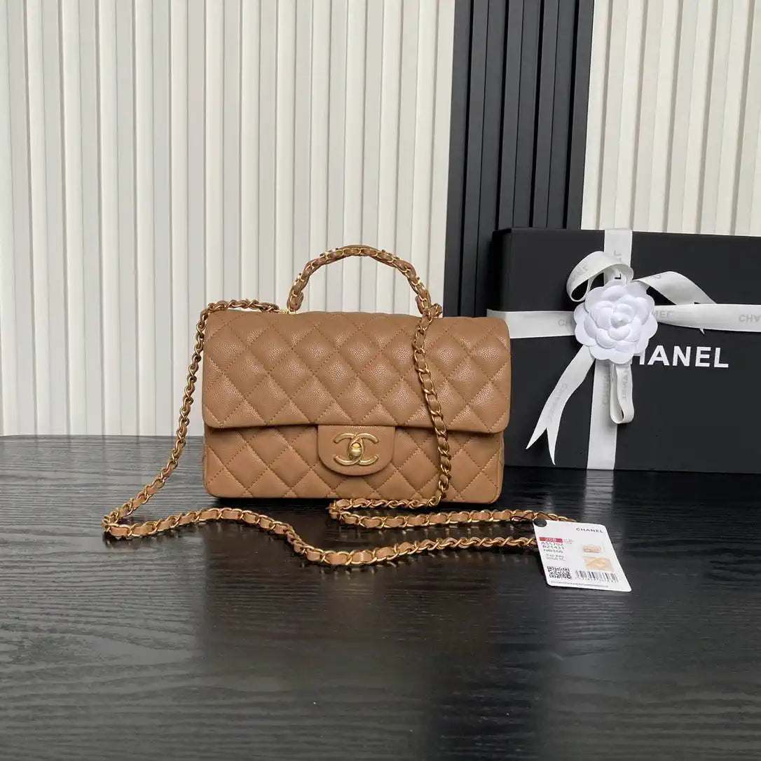 Chanel AS5702 Small Flap Bag with Top Handle Grained Shiny calfskin gold Brown