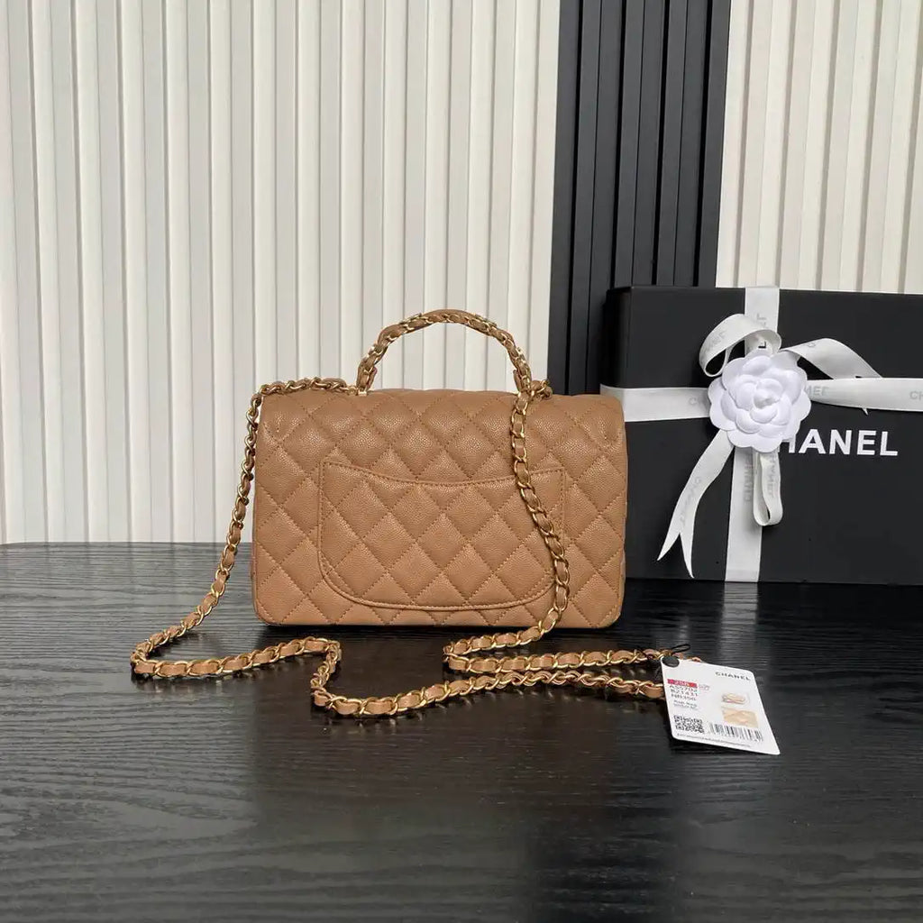 Chanel AS5702 Small Flap Bag with Top Handle Grained Shiny calfskin gold Brown