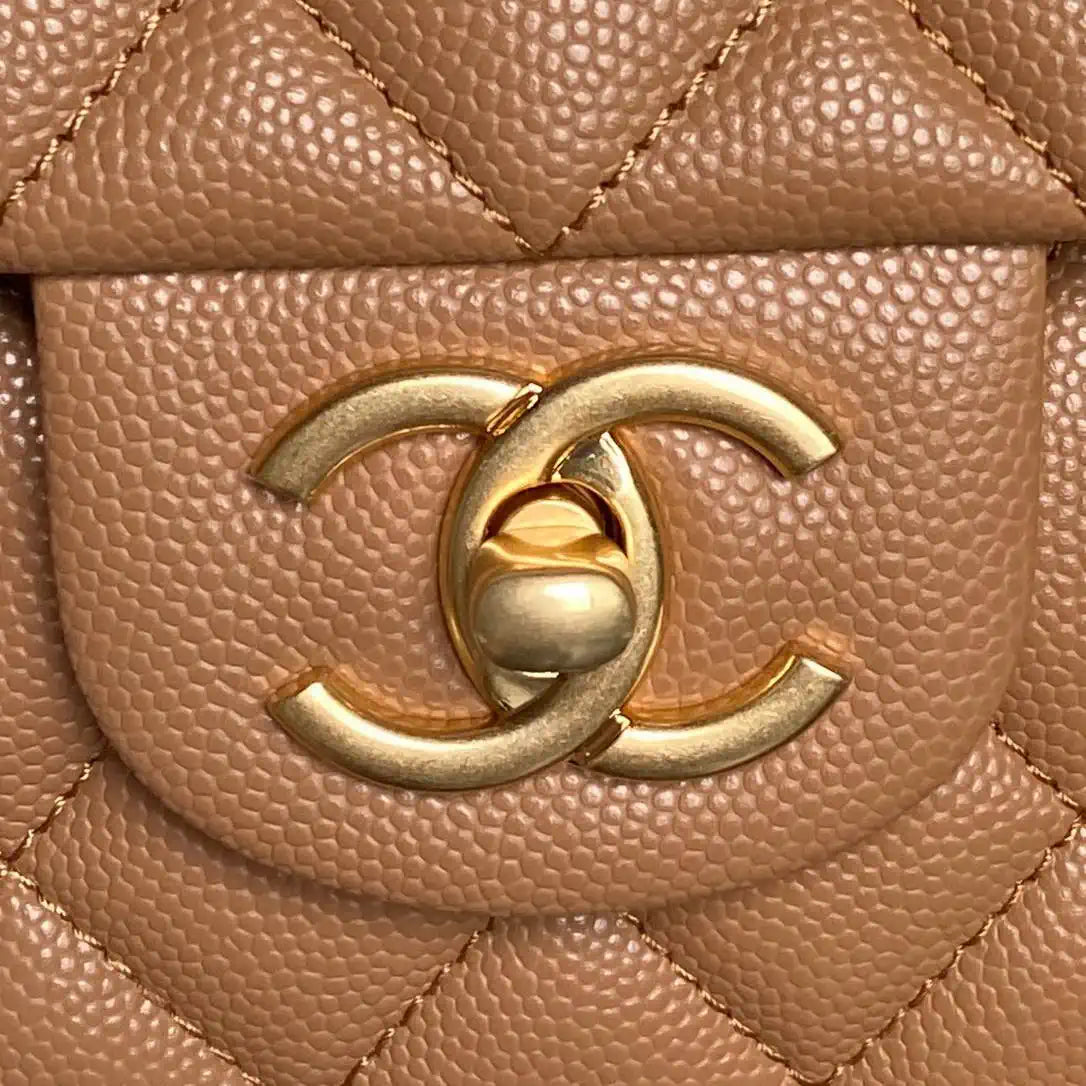 Chanel AS5702 Small Flap Bag with Top Handle Grained Shiny calfskin gold Brown