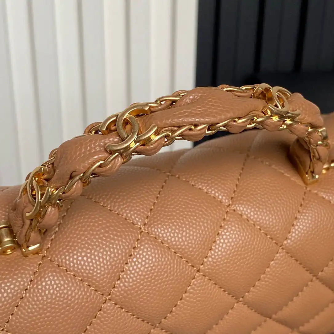 Chanel AS5702 Small Flap Bag with Top Handle Grained Shiny calfskin gold Brown