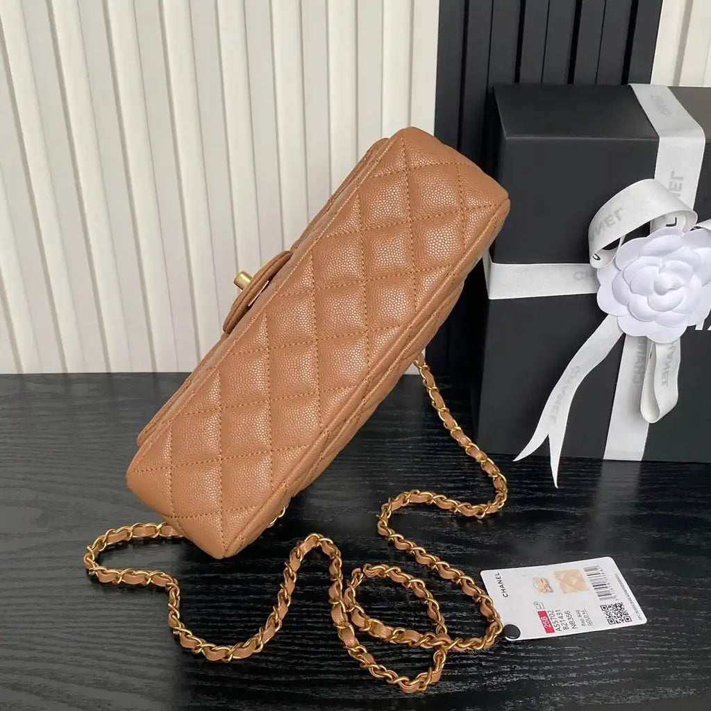 Chanel AS5702 Small Flap Bag with Top Handle Grained Shiny calfskin gold Brown