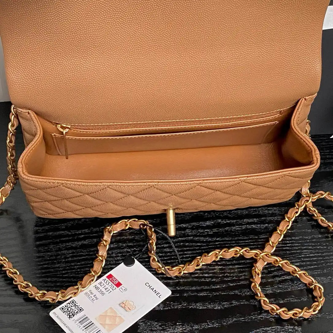 Chanel AS5702 Small Flap Bag with Top Handle Grained Shiny calfskin gold Brown
