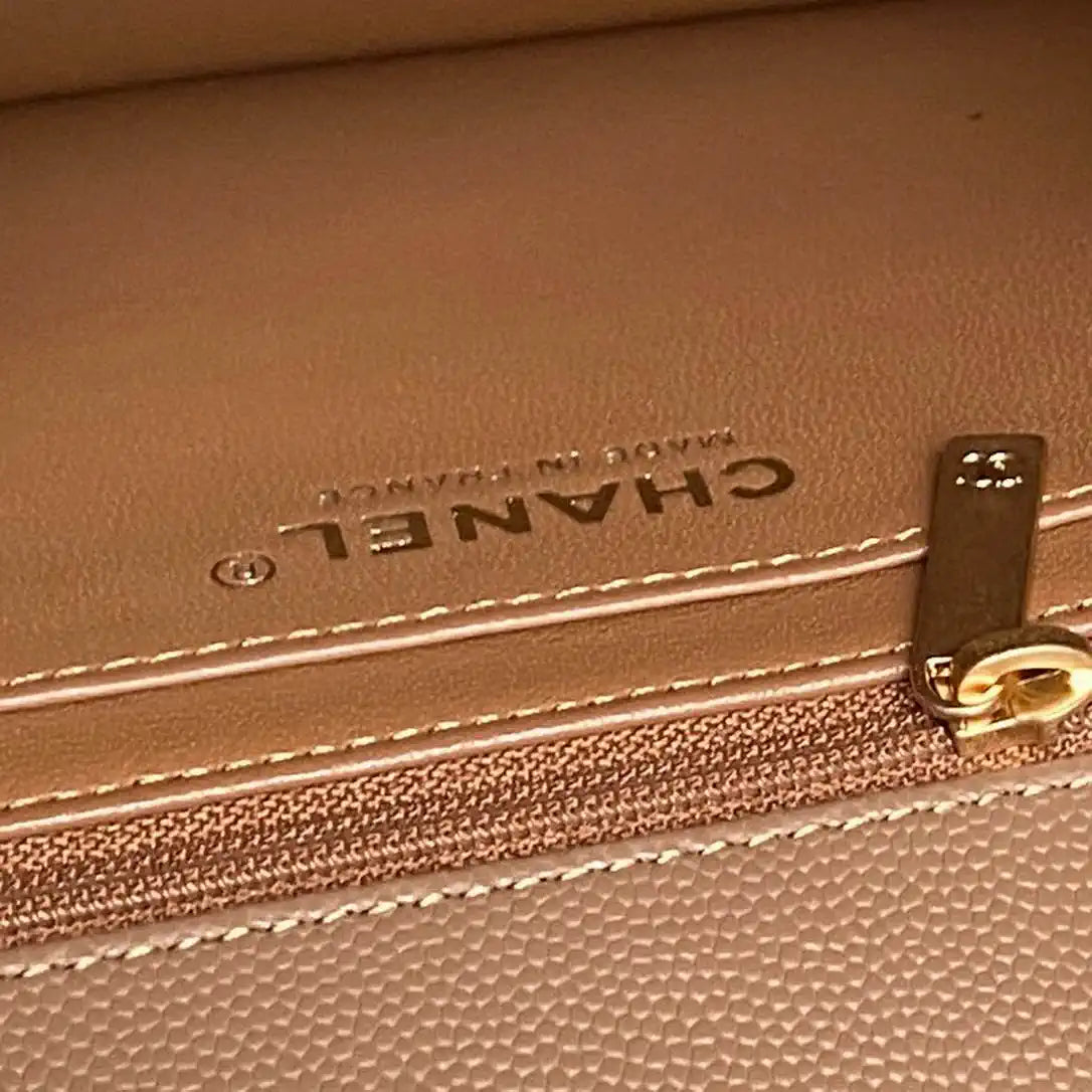 Chanel AS5702 Small Flap Bag with Top Handle Grained Shiny calfskin gold Brown
