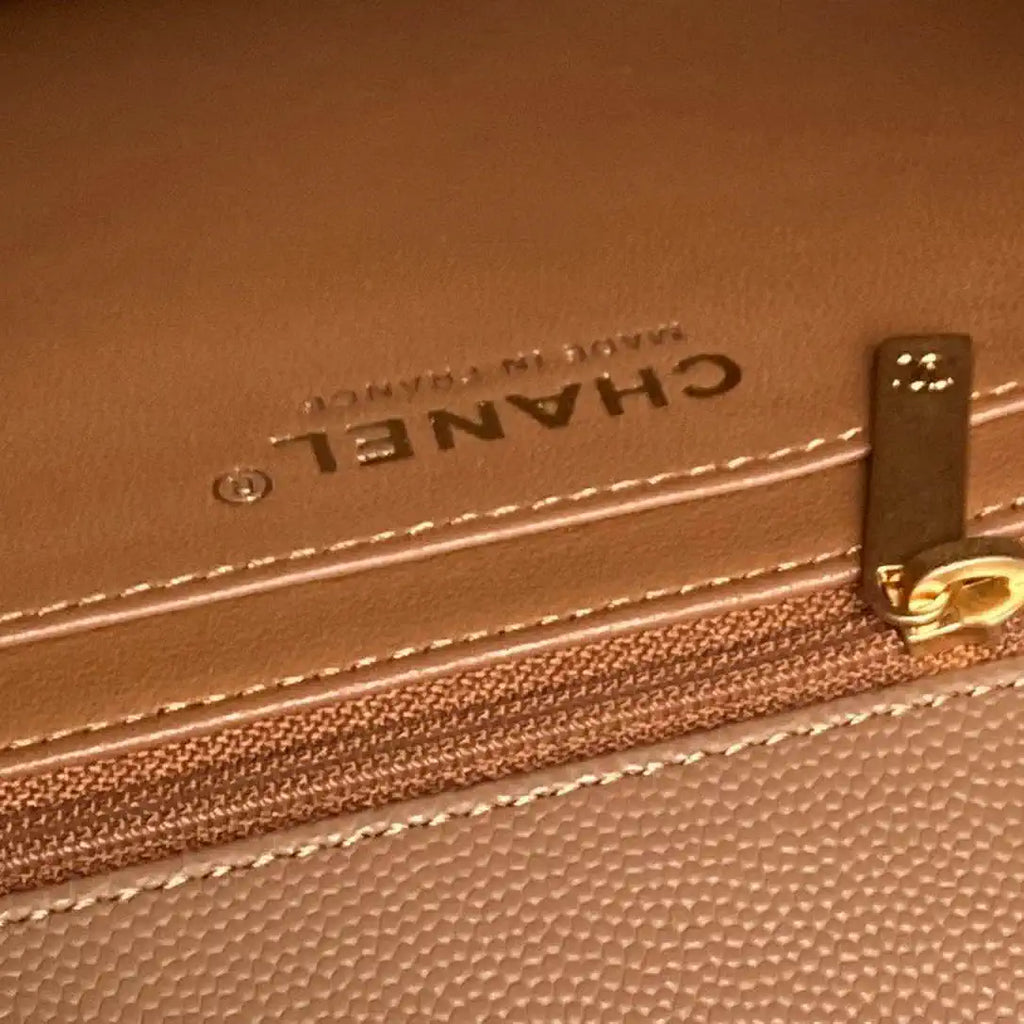 Chanel AS5702 Small Flap Bag with Top Handle Grained Shiny calfskin gold Brown