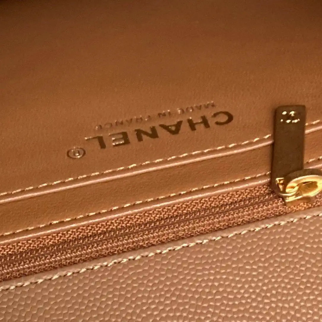 Chanel AS5702 Small Flap Bag with Top Handle Grained Shiny calfskin gold Brown