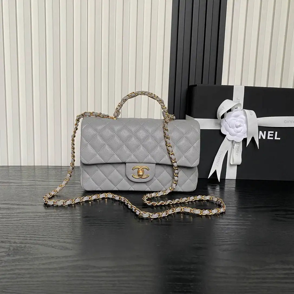 Chanel AS5702 Small Flap Bag with Top Handle Grained Shiny calfskin gold Gray