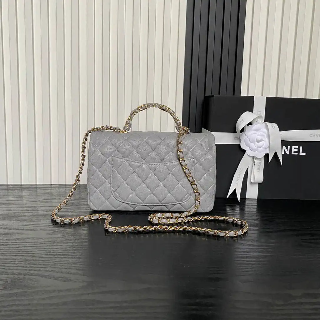 Chanel AS5702 Small Flap Bag with Top Handle Grained Shiny calfskin gold Gray