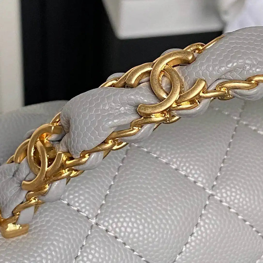 Chanel AS5702 Small Flap Bag with Top Handle Grained Shiny calfskin gold Gray