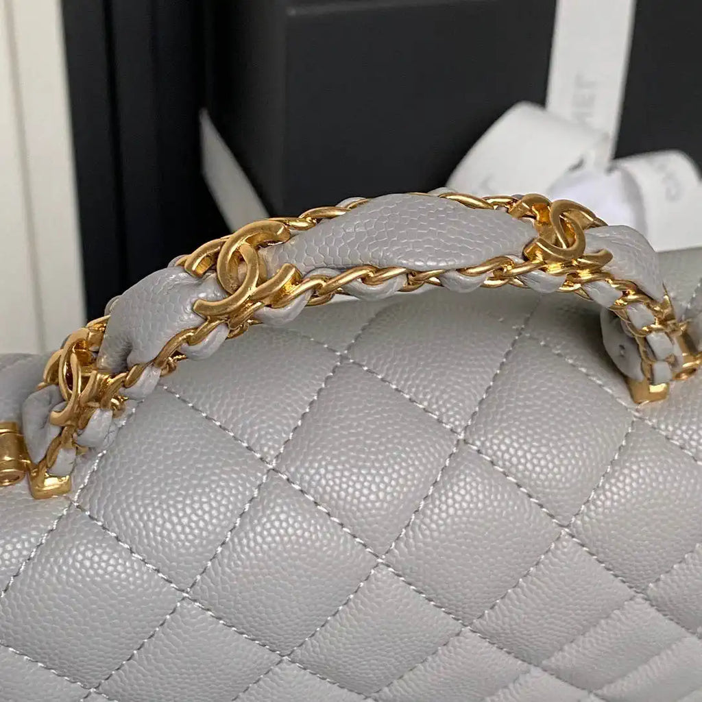 Chanel AS5702 Small Flap Bag with Top Handle Grained Shiny calfskin gold Gray