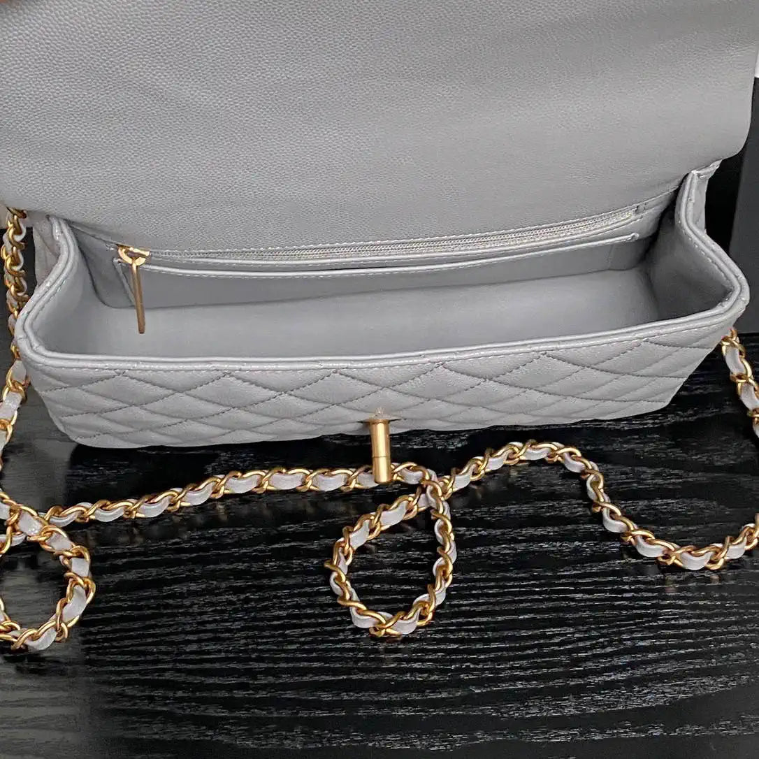 Chanel AS5702 Small Flap Bag with Top Handle Grained Shiny calfskin gold Gray