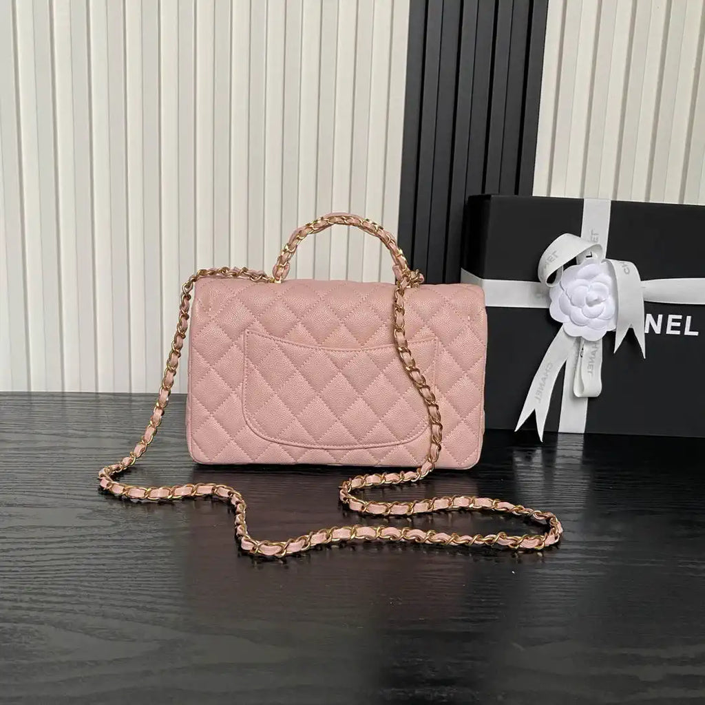 Chanel AS5702 Small Flap Bag with Top Handle Grained Shiny calfskin gold Pink