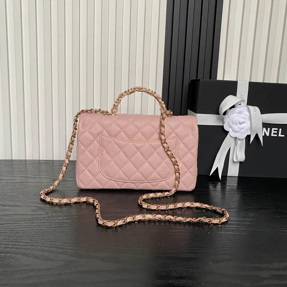 Chanel AS5702 Small Flap Bag with Top Handle Grained Shiny calfskin gold Pink