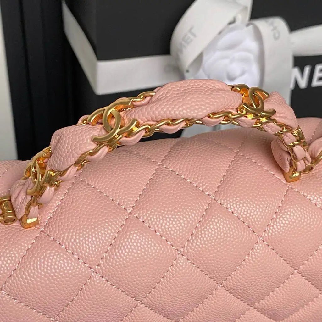 Chanel AS5702 Small Flap Bag with Top Handle Grained Shiny calfskin gold Pink