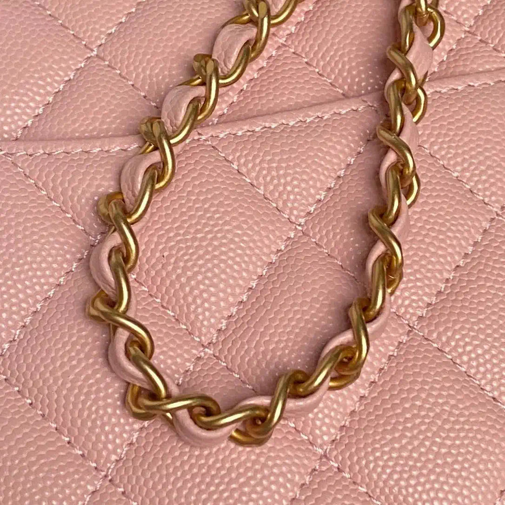 Chanel AS5702 Small Flap Bag with Top Handle Grained Shiny calfskin gold Pink