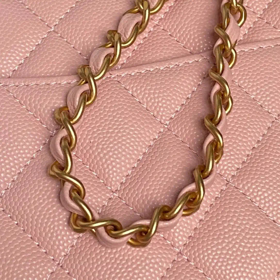 Chanel AS5702 Small Flap Bag with Top Handle Grained Shiny calfskin gold Pink