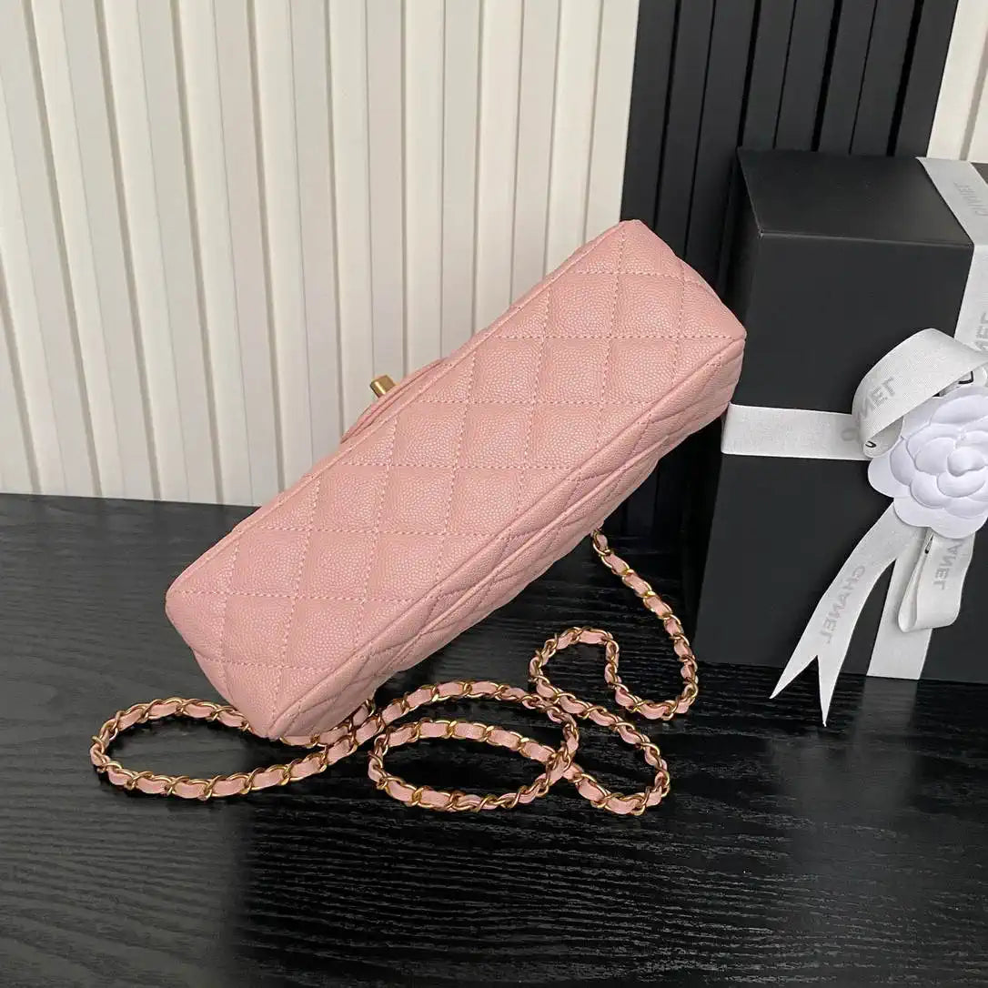 Chanel AS5702 Small Flap Bag with Top Handle Grained Shiny calfskin gold Pink