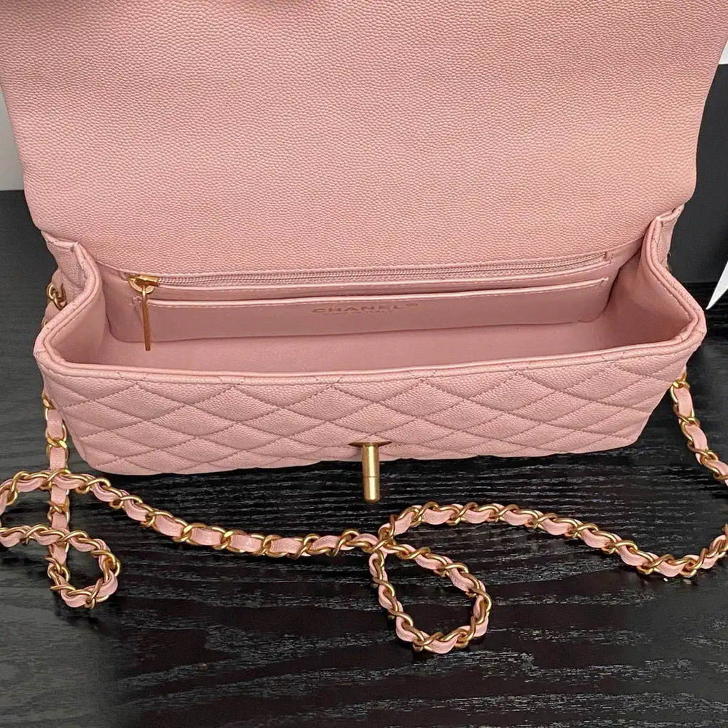 Chanel AS5702 Small Flap Bag with Top Handle Grained Shiny calfskin gold Pink