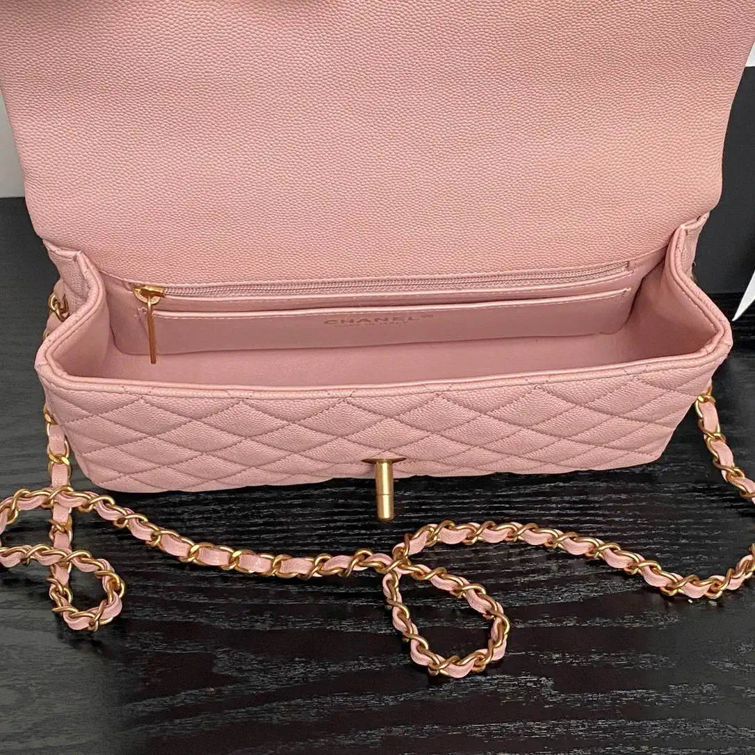 Chanel AS5702 Small Flap Bag with Top Handle Grained Shiny calfskin gold Pink