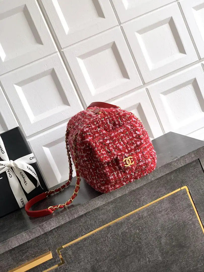 Chanel AS5792 25C Large Bowling Bag Tweed & Gold Metal  Red Pink & Black
