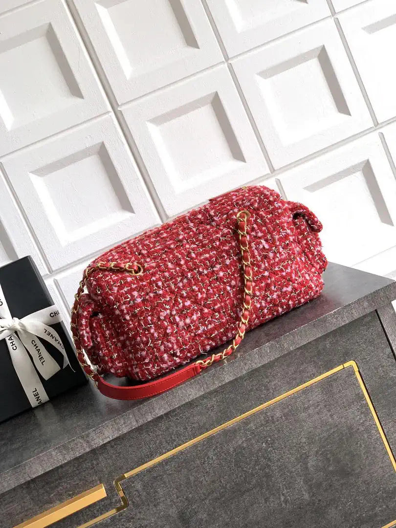 Chanel AS5792 25C Large Bowling Bag Tweed & Gold Metal  Red Pink & Black