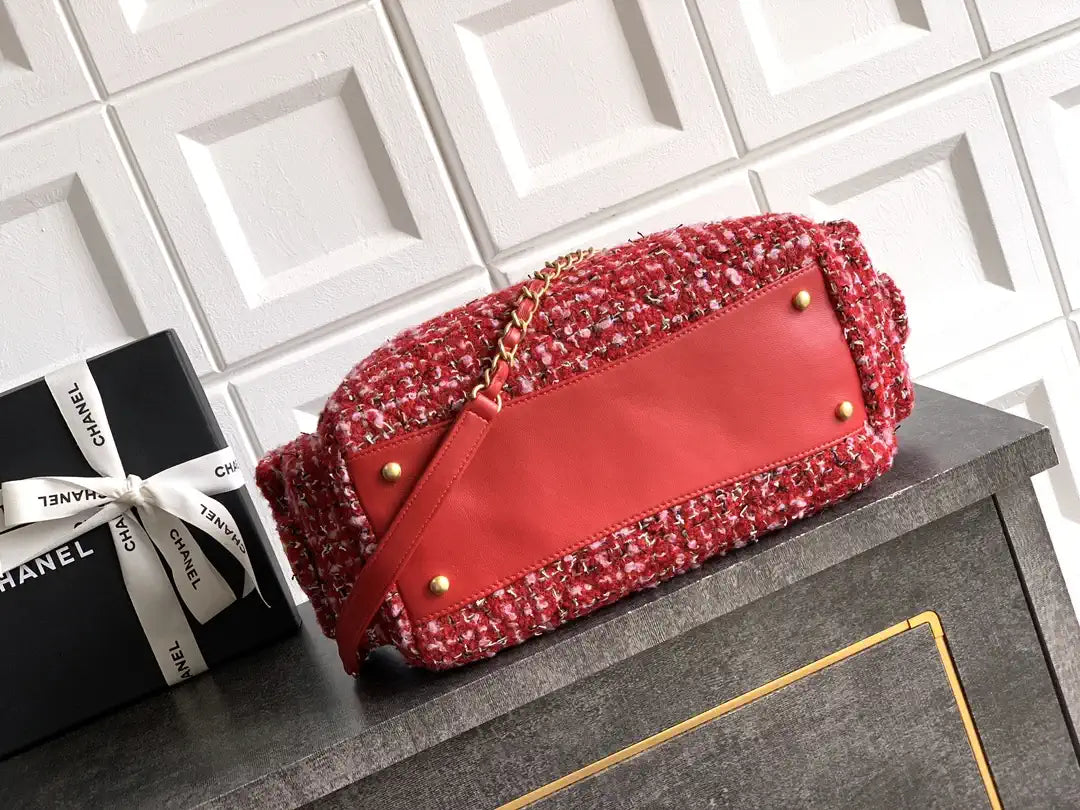 Chanel AS5792 25C Large Bowling Bag Tweed & Gold Metal  Red Pink & Black