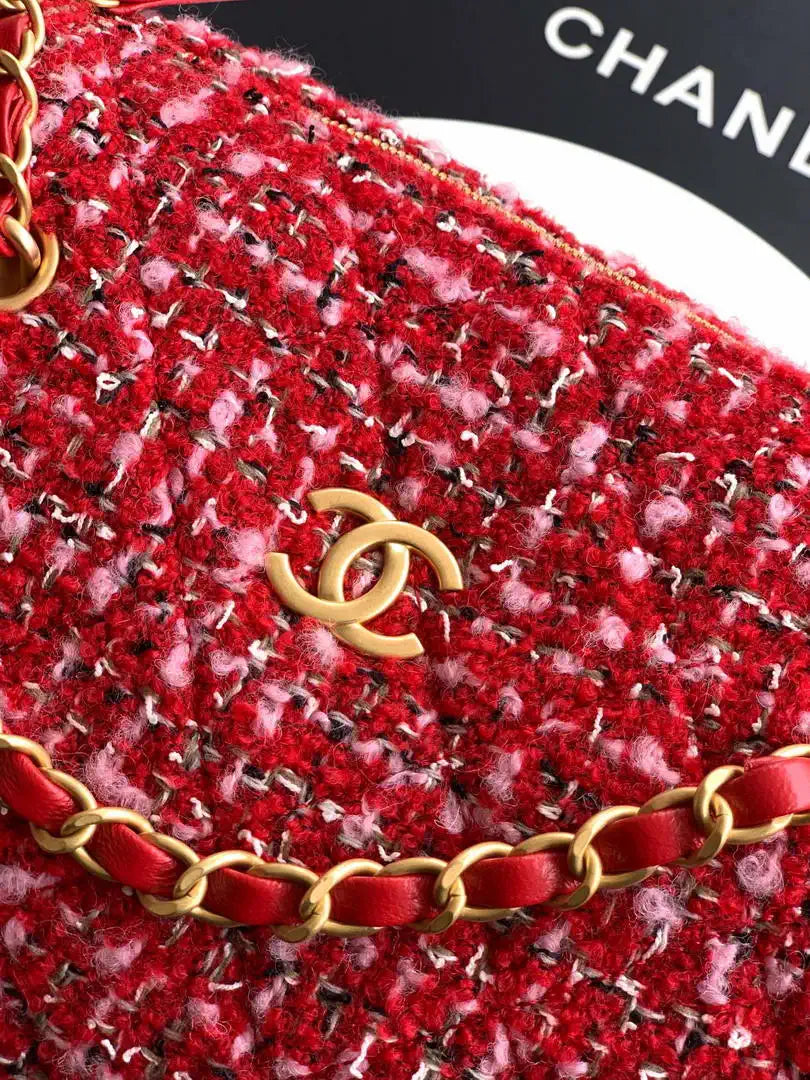 Chanel AS5792 25C Large Bowling Bag Tweed & Gold Metal  Red Pink & Black