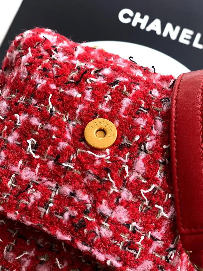 Chanel AS5792 25C Large Bowling Bag Tweed & Gold Metal  Red Pink & Black