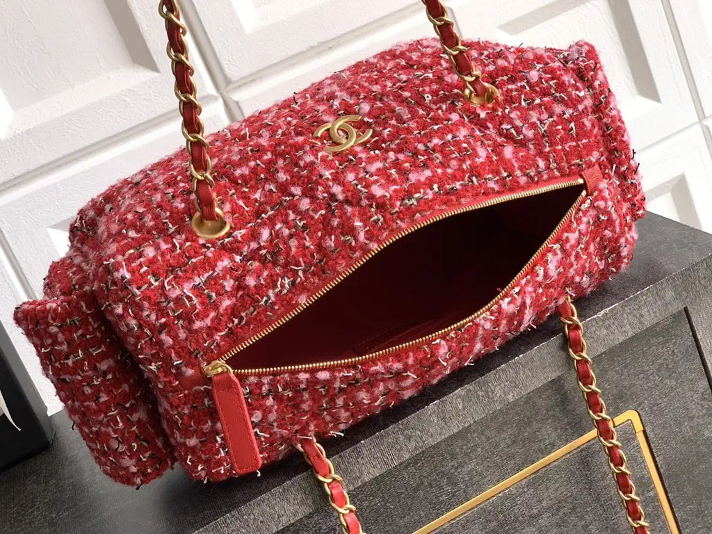Chanel AS5792 25C Large Bowling Bag Tweed & Gold Metal  Red Pink & Black