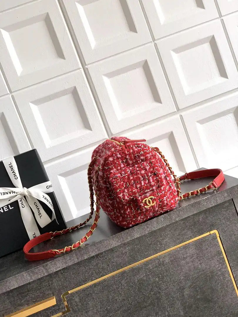 Chanel AS5792 25C Small Bowling Bag Tweed & Gold Metal  Red Pink & Black