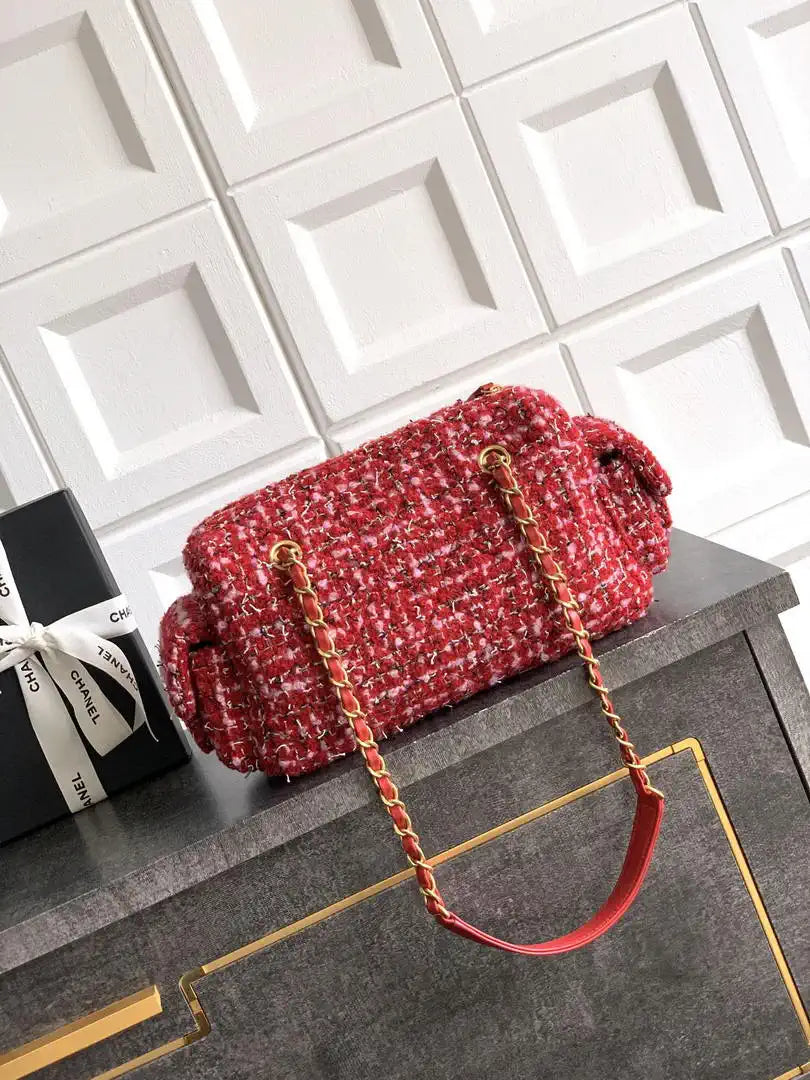Chanel AS5792 25C Small Bowling Bag Tweed & Gold Metal  Red Pink & Black