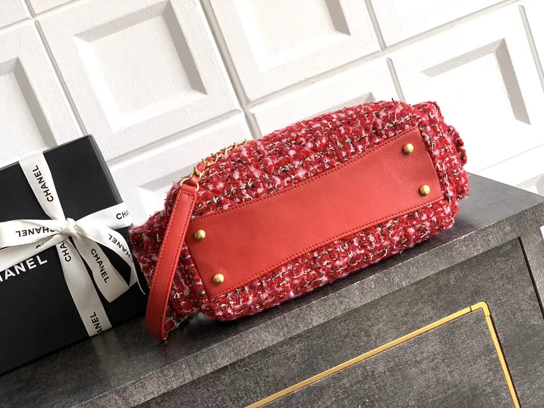 Chanel AS5792 25C Small Bowling Bag Tweed & Gold Metal  Red Pink & Black