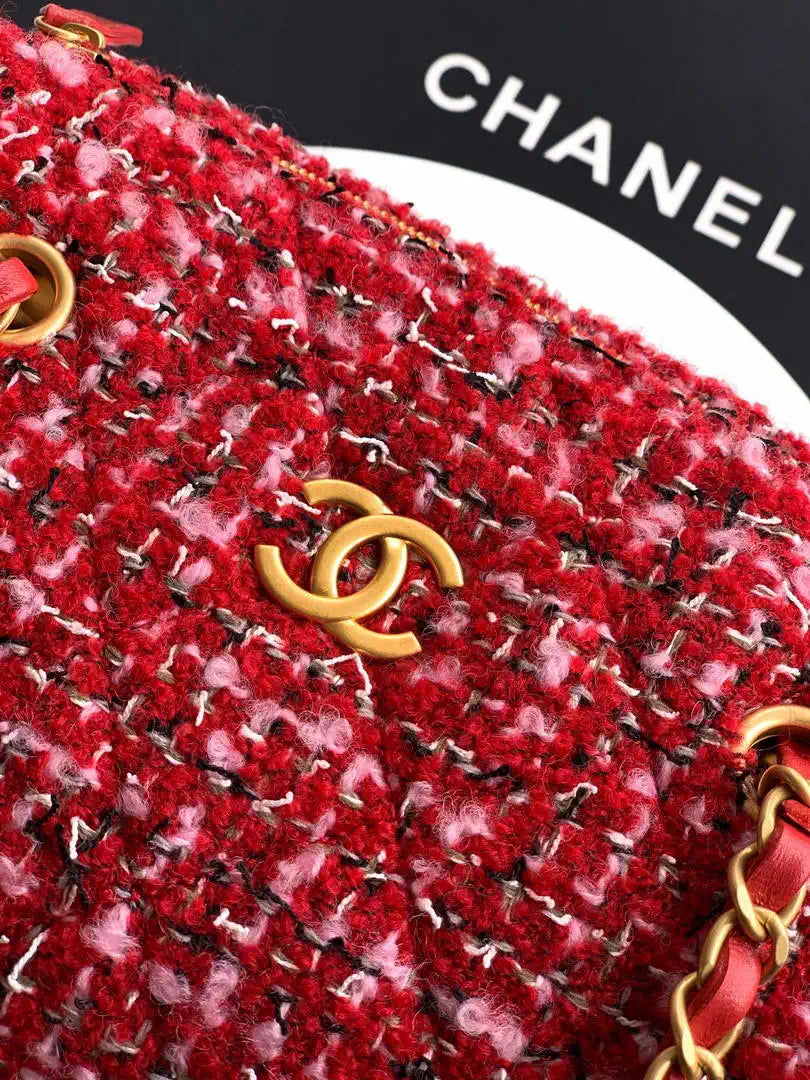 Chanel AS5792 25C Small Bowling Bag Tweed & Gold Metal  Red Pink & Black
