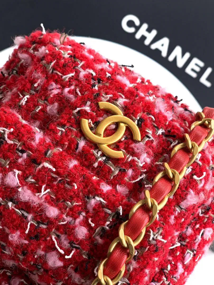 Chanel AS5792 25C Small Bowling Bag Tweed & Gold Metal  Red Pink & Black