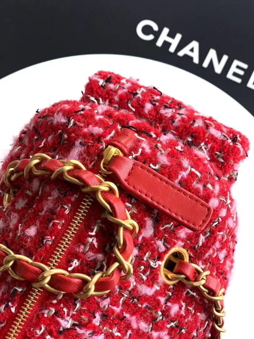 Chanel AS5792 25C Small Bowling Bag Tweed & Gold Metal  Red Pink & Black